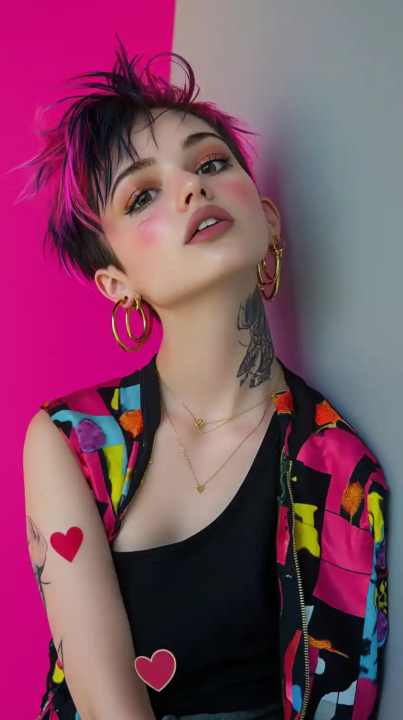 Surprised anime girl with rainbow jacket and bold hairstyle