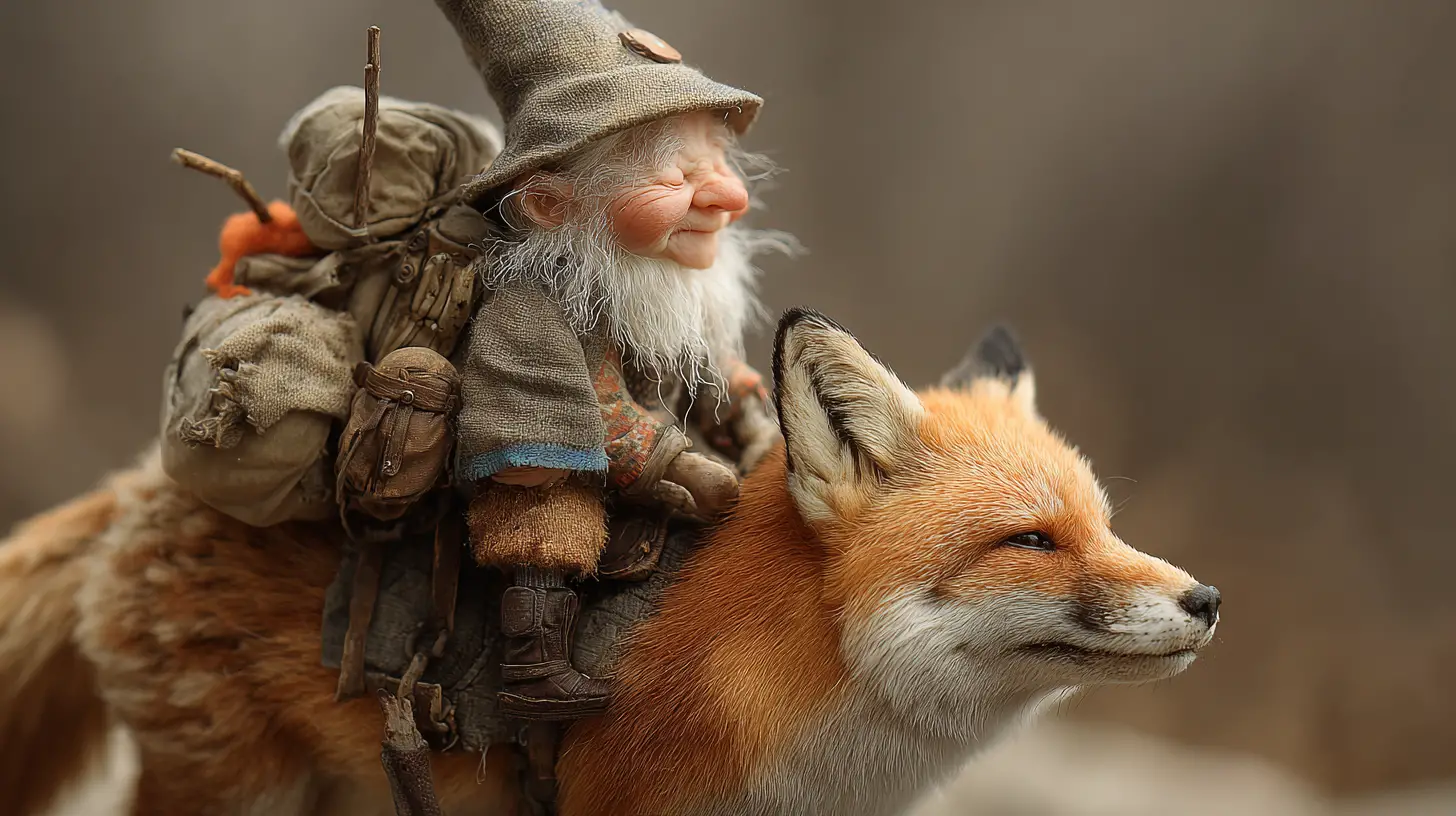 Tiny gnome riding a fox with a travel backpack
