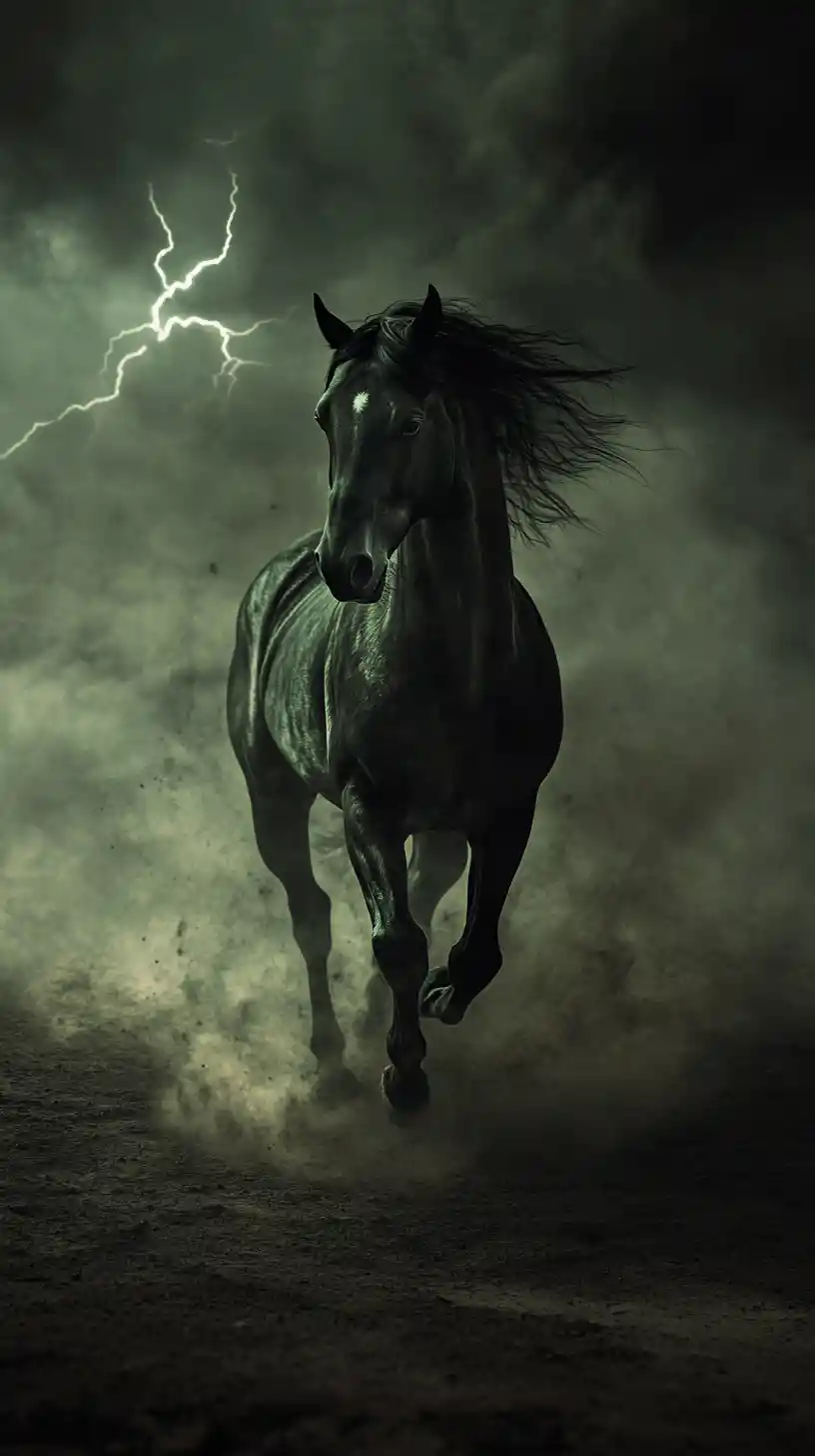 Caballo espectral de polvo negro galopando por el desierto oscuro