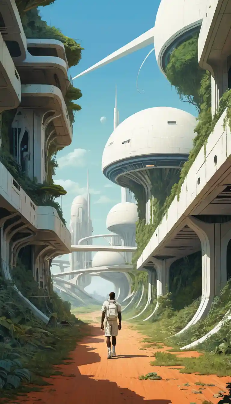 Young man walking toward lush futuristic city structures
