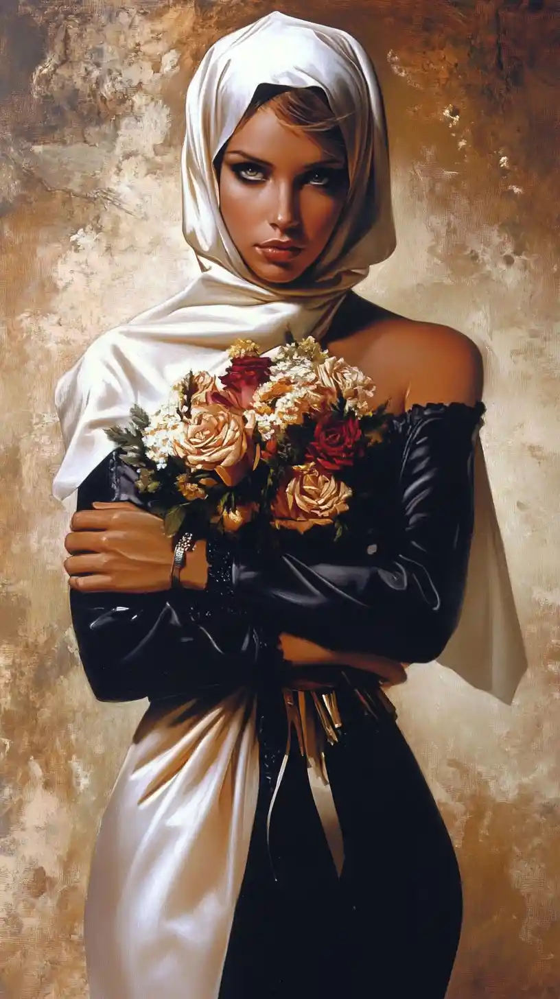 Donna dell’era sovietica con fiori in posa dignitosa