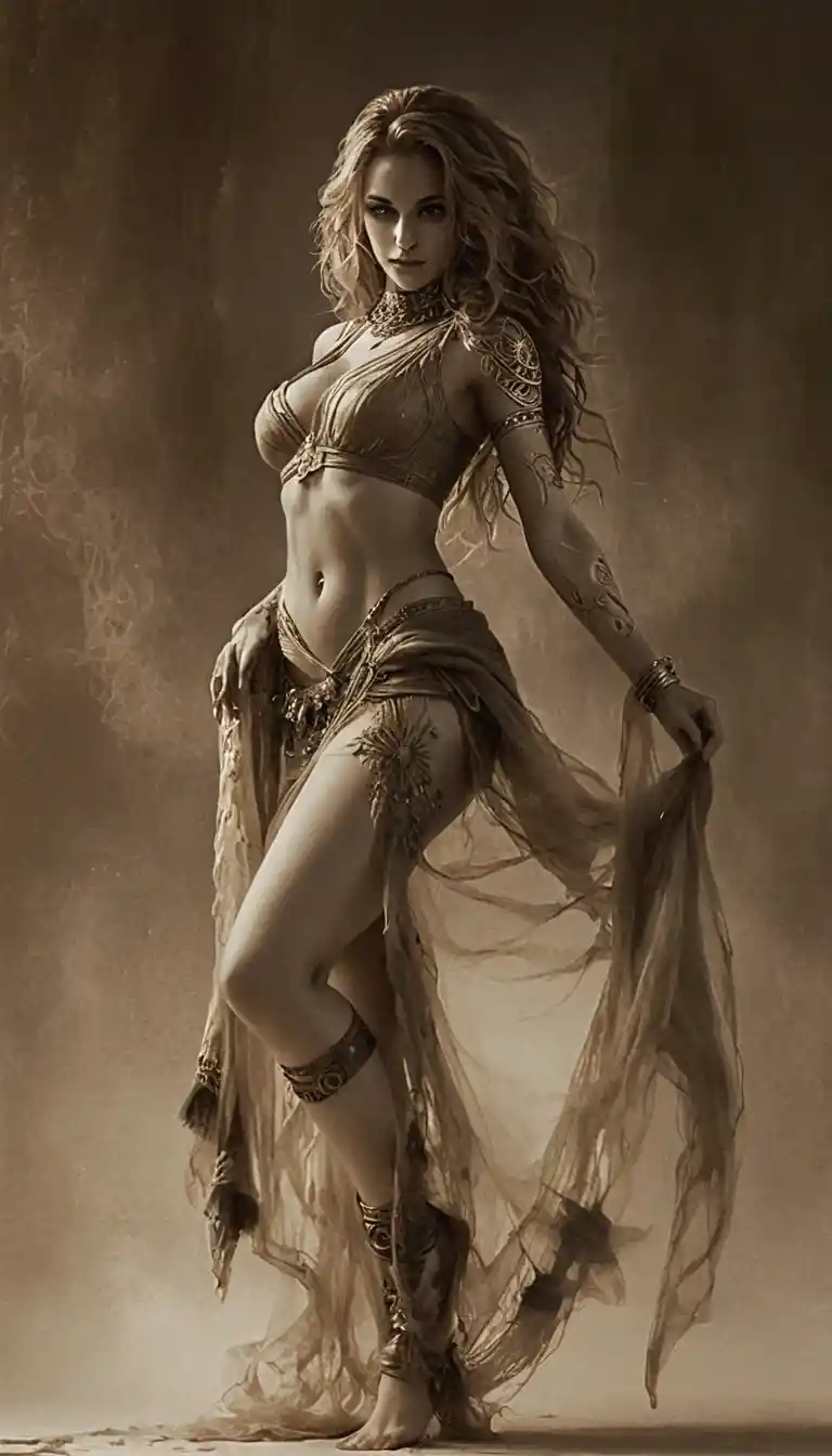 棕褐色奇幻女戰士的戲劇性全身人像