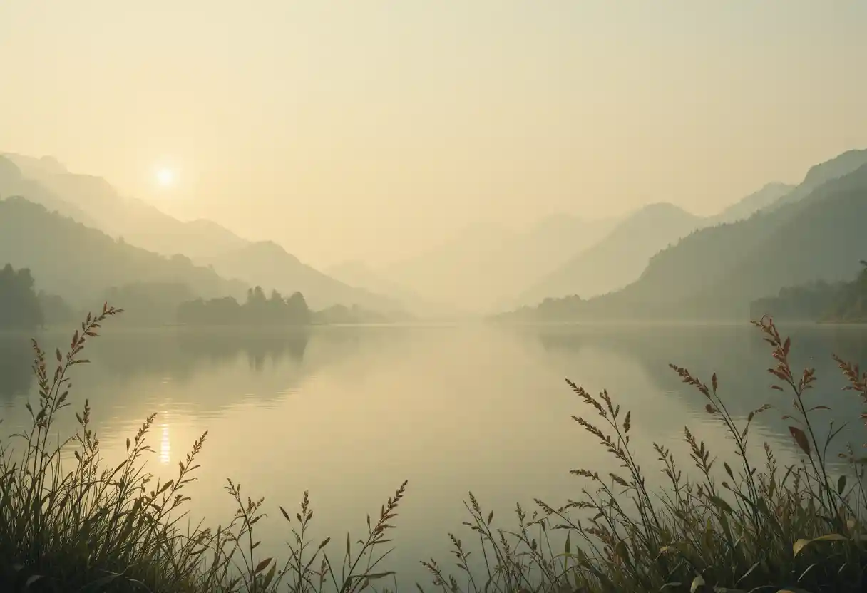 穏やかな朝日の川の風景と遠くの霧に包まれた山々