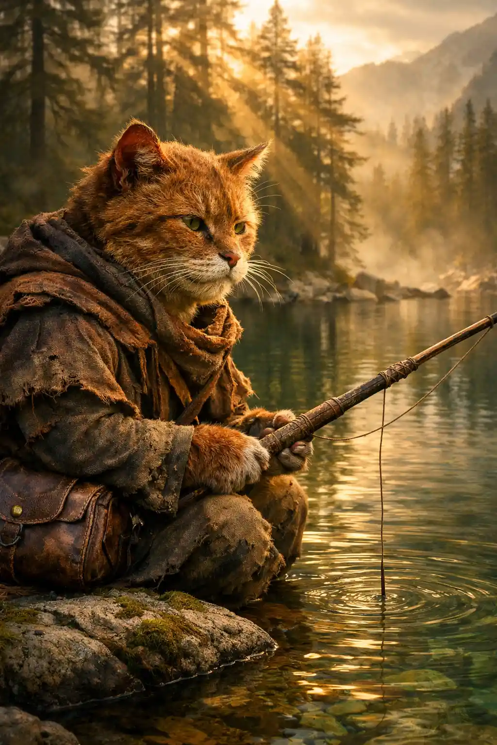 Regal wandering cat fishing by a mountain lake