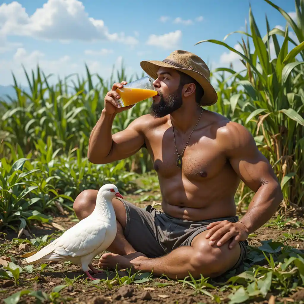 Muscular Farmer Drinking Sugarcane Juice In Sunny Village Field