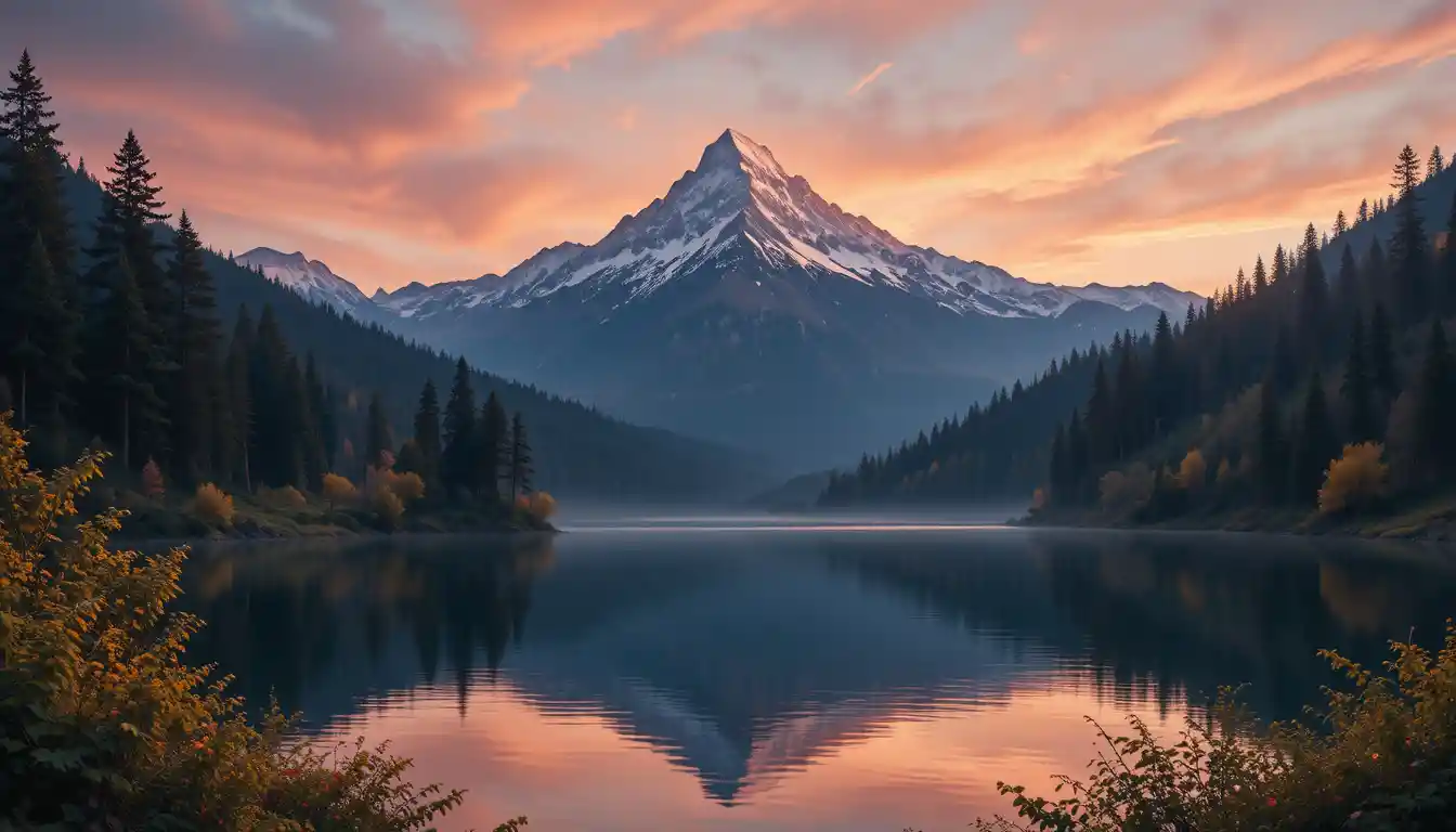 Mountain Lake At Sunset With Soft Glowing Forest
