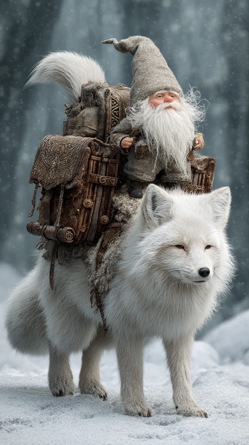 Tiny gnome riding a white fox through snowy forest mist