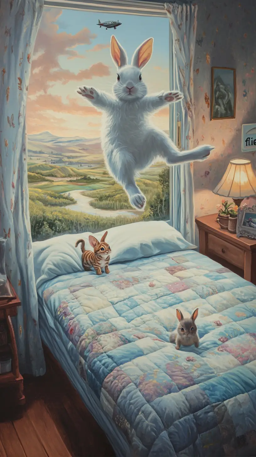 Surreal white rabbit flying above a quilted landscape