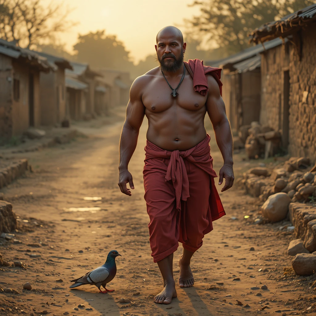 Fuerte agricultor indio caminando por un pueblo rústico al atardecer