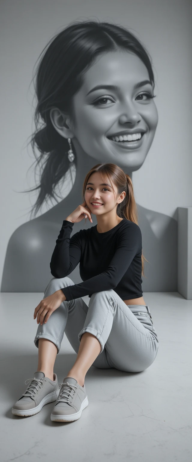 Smiling woman sitting on studio floor with mural portrait