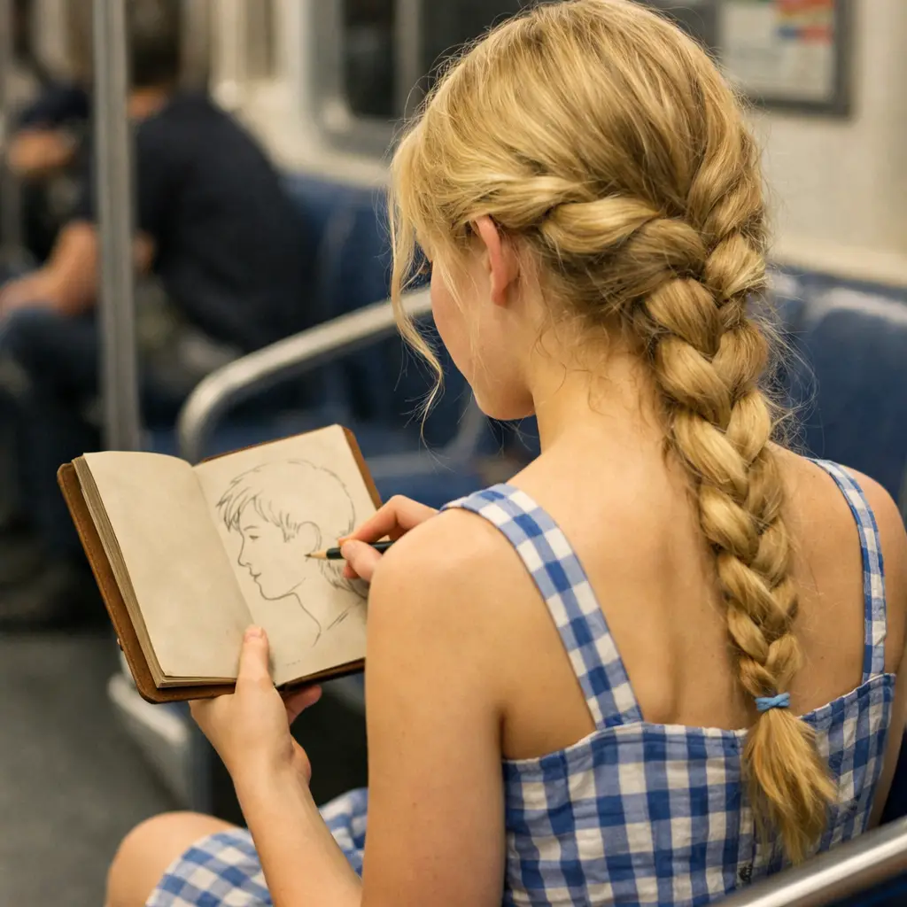 Teen girl sketching in a subway wearing a checked sundress