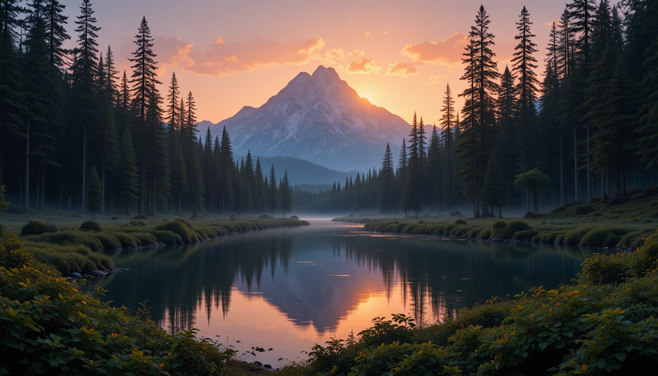 Montaña boscosa minimalista reflejada en un río dorado al atardecer