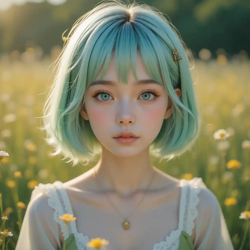 Mint haired anime girl in a sunlit flower meadow