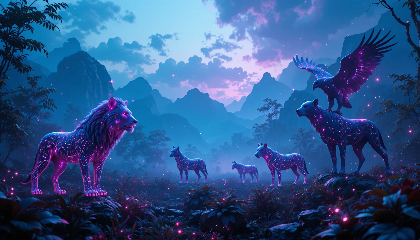 Futuristic neon jungle with cyber animals and text space