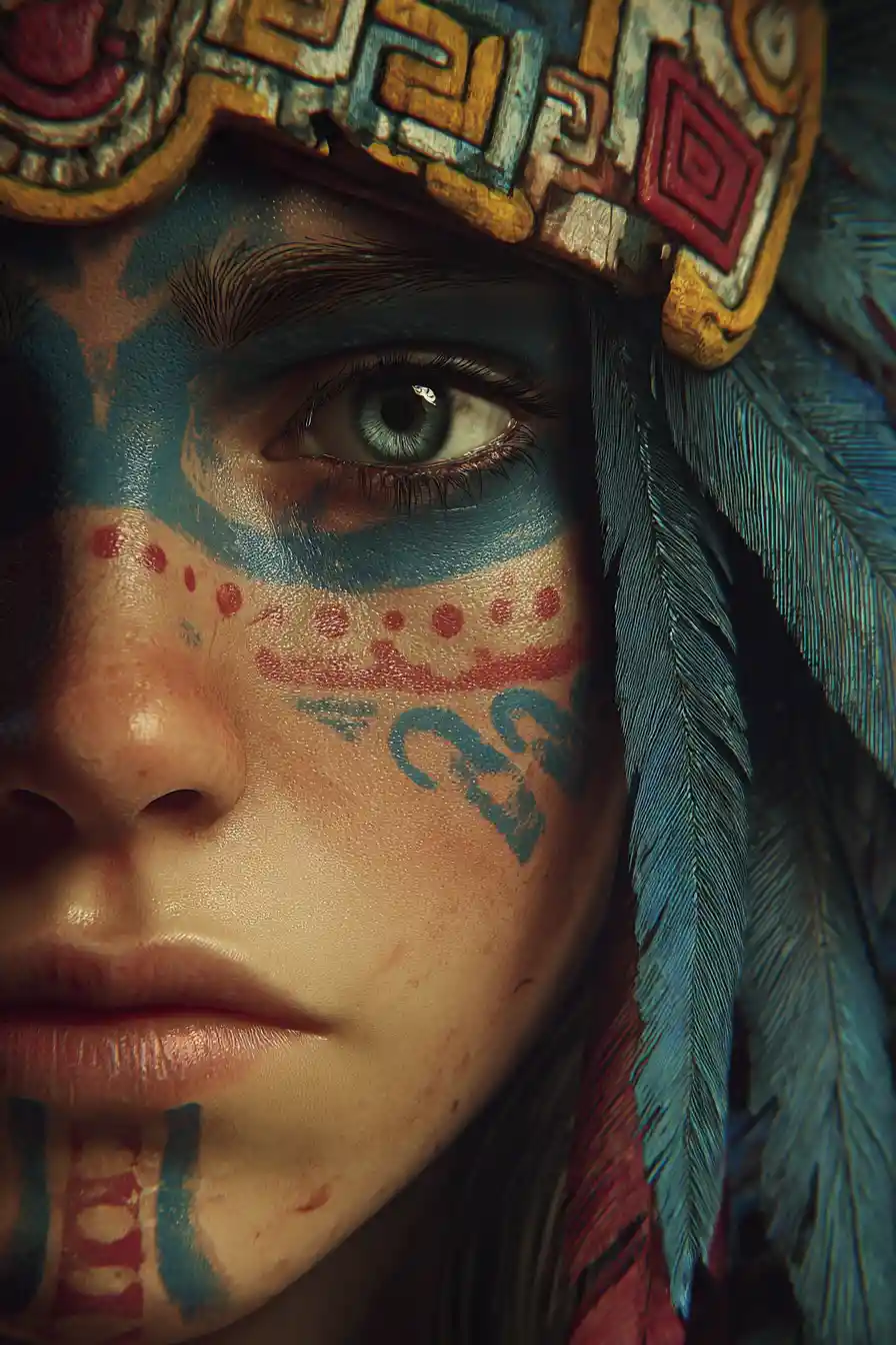 Déesse aztèque mystique en gros plan dans un style fantasy vibrant