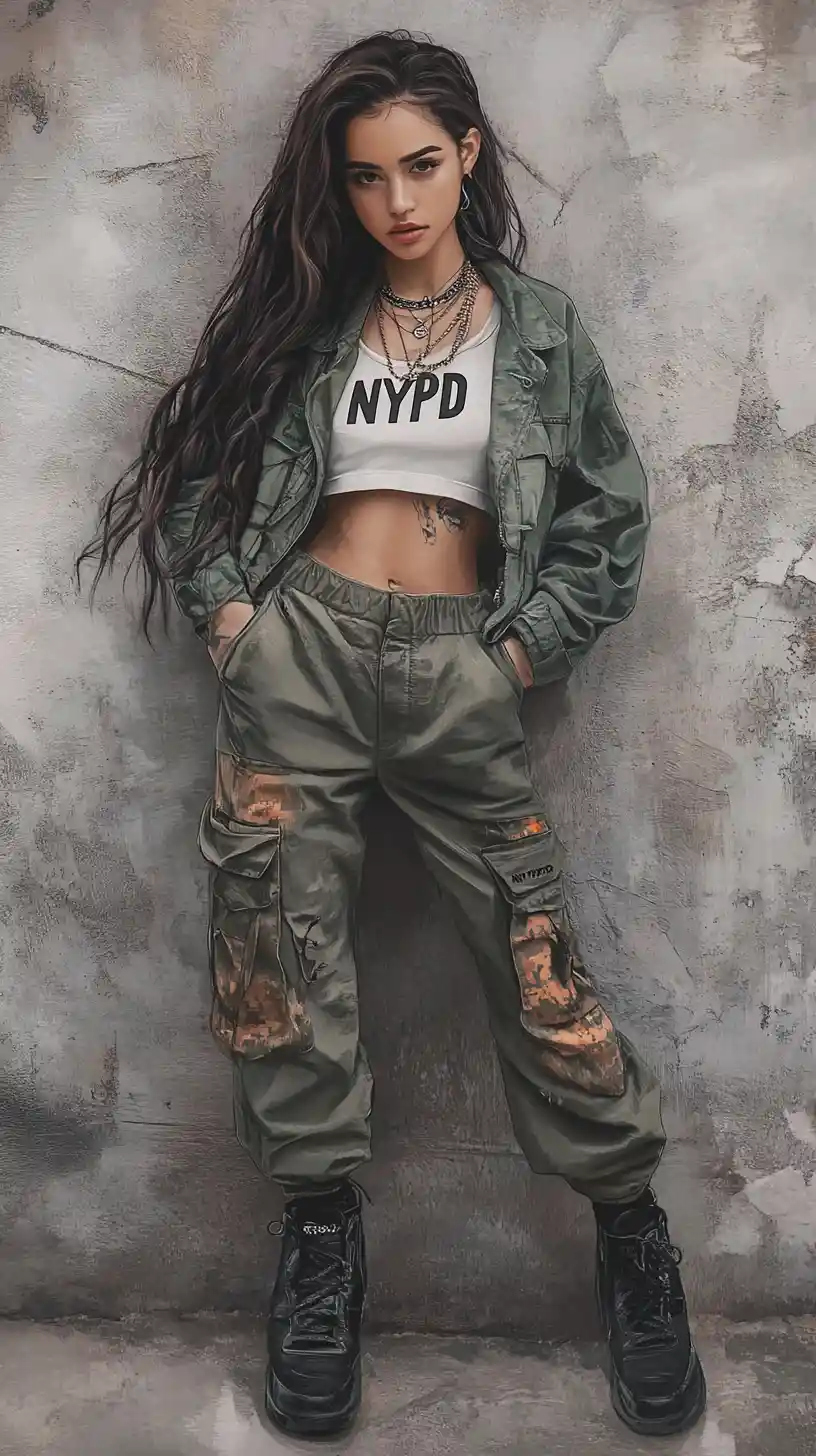 Jeune femme en streetwear urbain devant un mur en béton