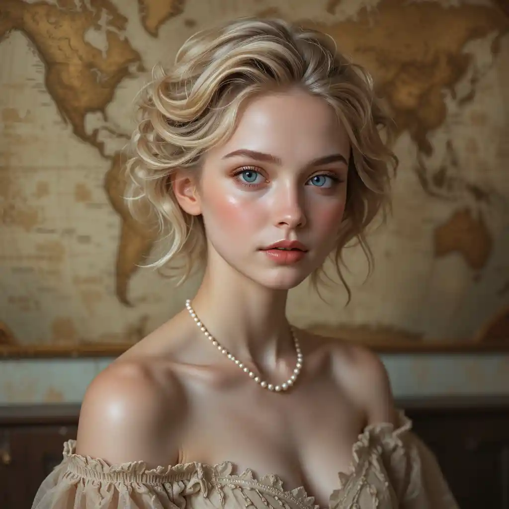 Elegante retrato de una mujer joven frente a un mapa antiguo