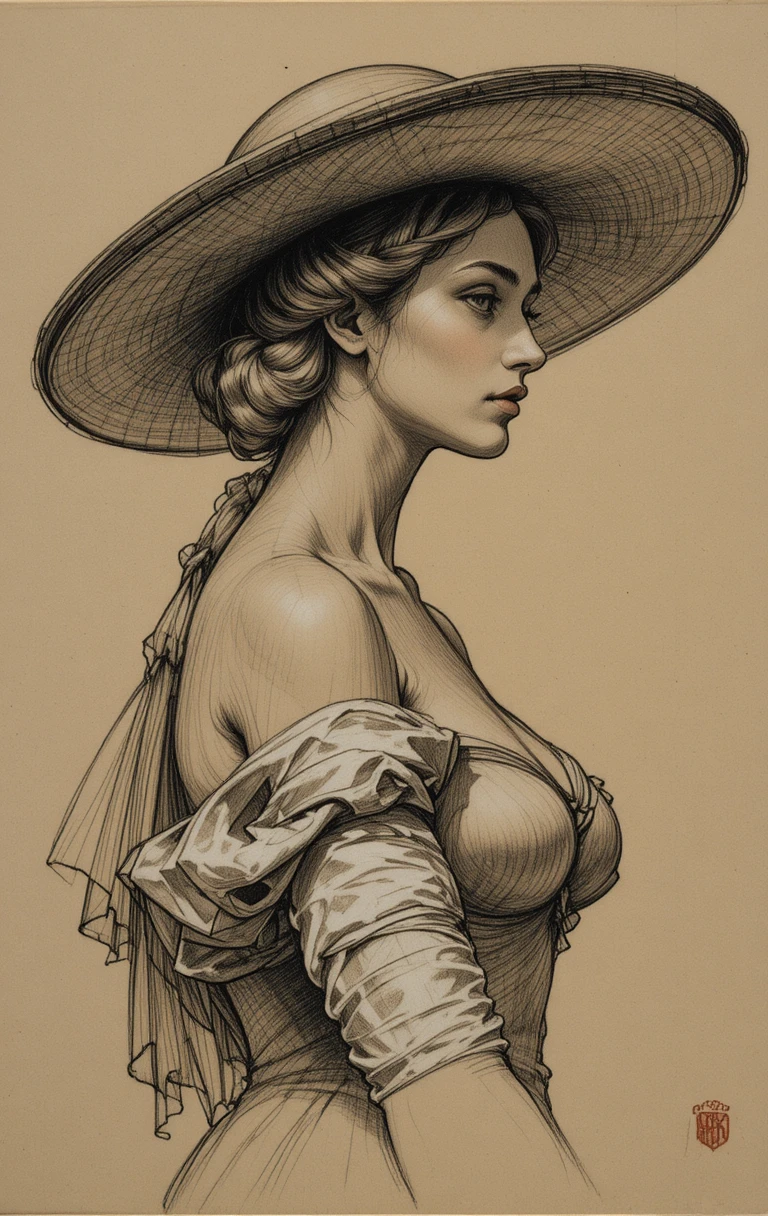 Classical charcoal study of woman with hat and draped arm