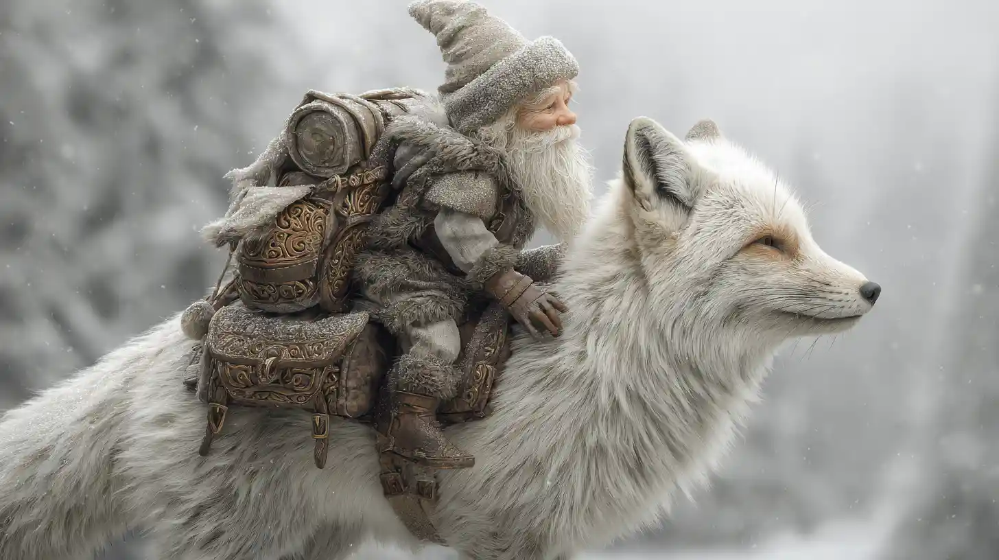 Pequeño gnomo montando un zorro blanco por un bosque nevado
