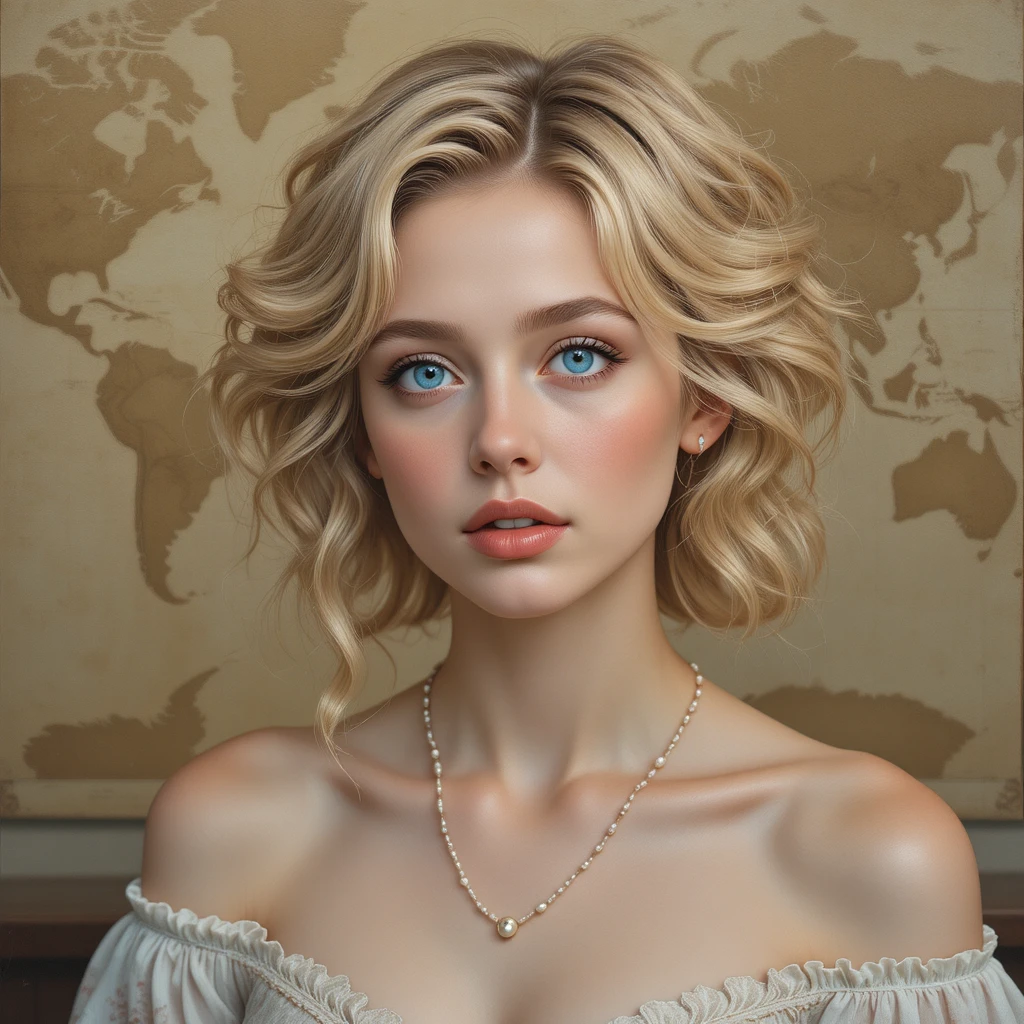 Elegant oil portrait of a young woman before antique map