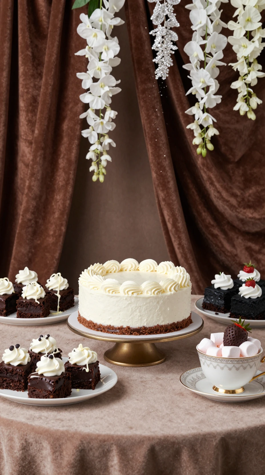 Tarta de Queso de Chocolate Blanco en Mesa de Postres Lujosa