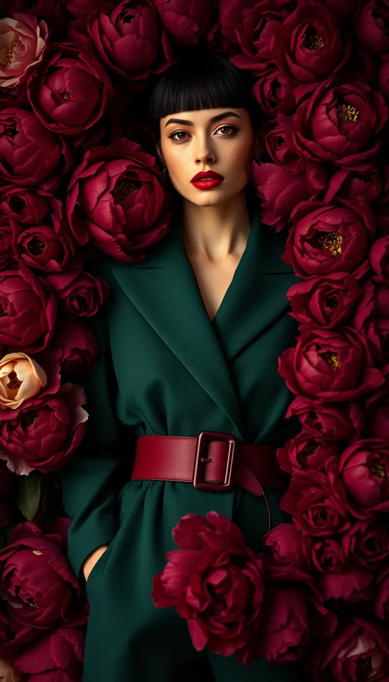 Cinematic portrait of a fashion woman in emerald jumpsuit
