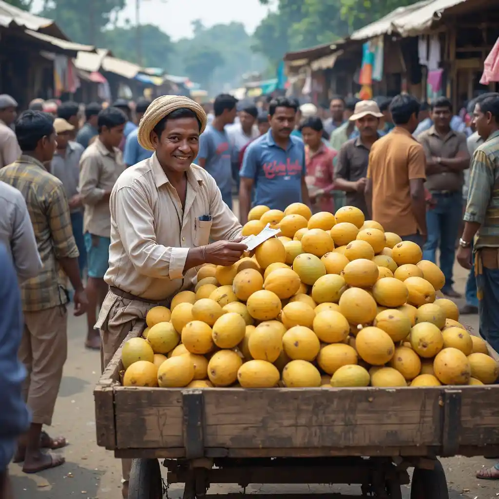 Indian farmer selling mangoes in a busy village market