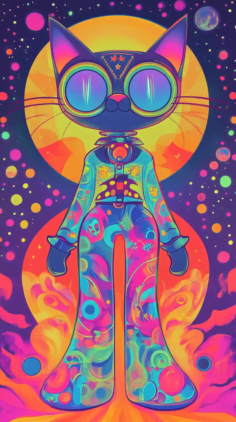 Neon cat illustration in retro futuristic moon outfit