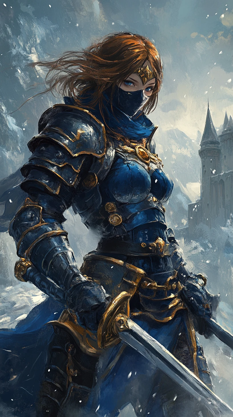 Close up anime warrior woman with blue fantasy armor