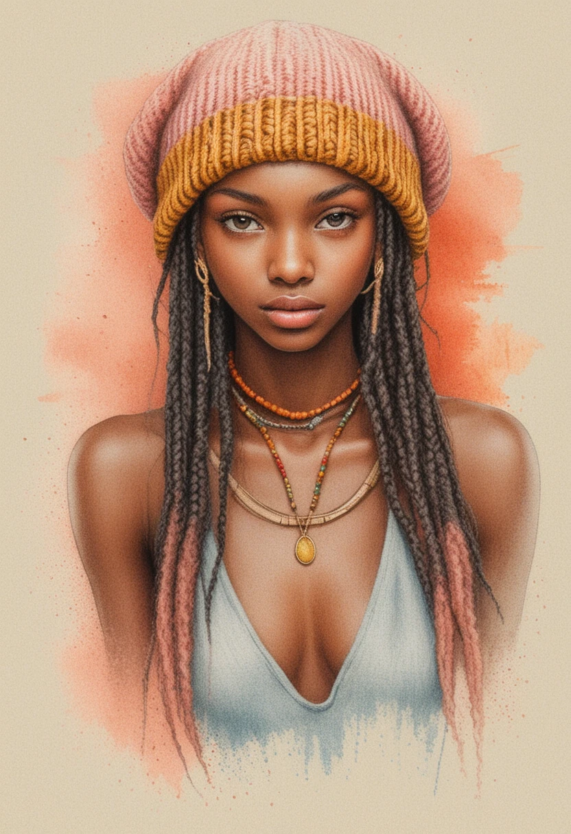 Retrato sereno de uma mulher negra com gorro rasta – ilustração