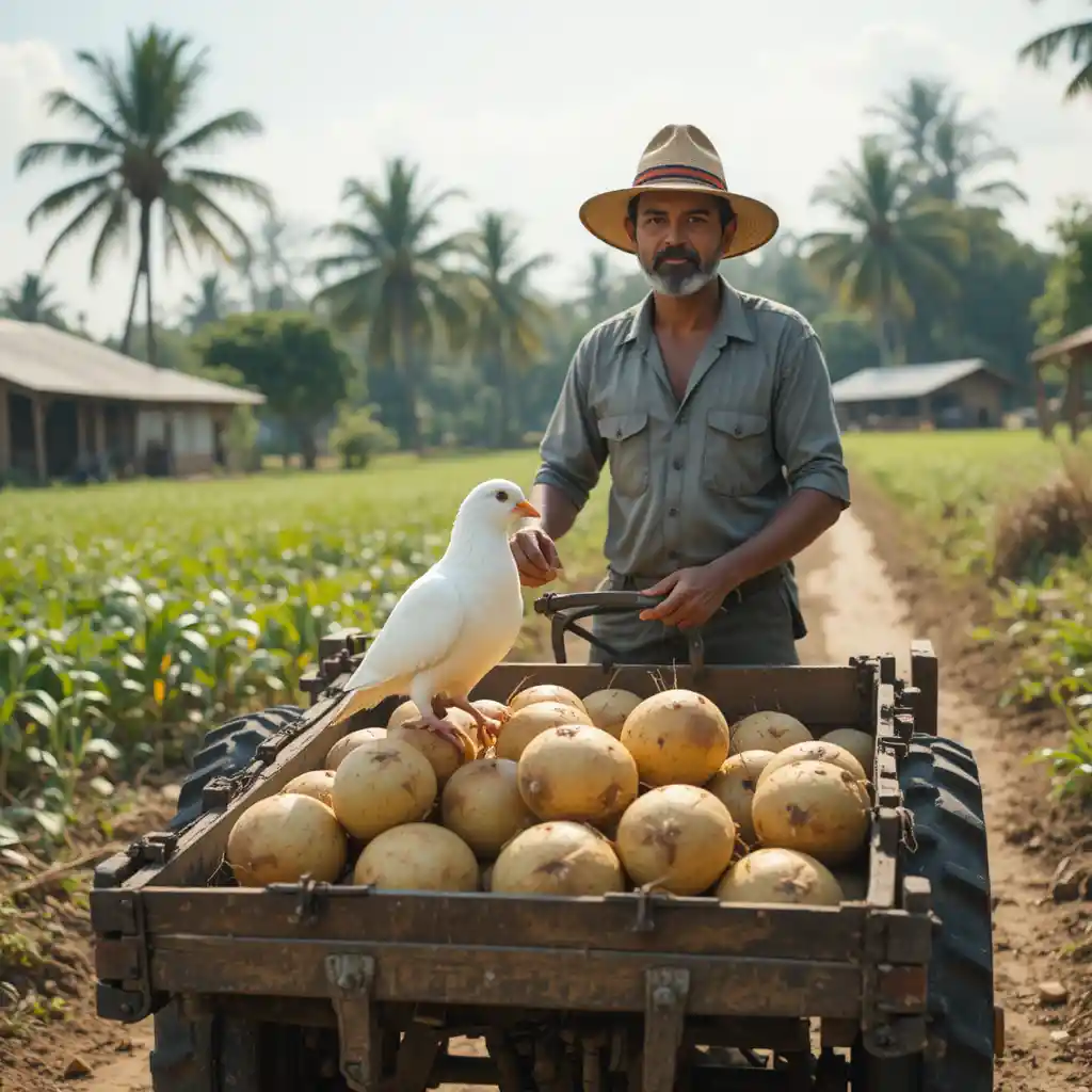 Paloma blanca cargando cocos junto a un orgulloso agricultor en la granja