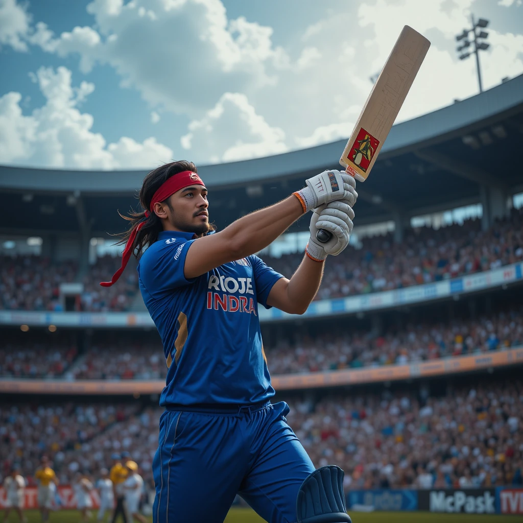 Cricketspieler schlägt einen gewaltigen Six in einem voll besetzten Stadion
