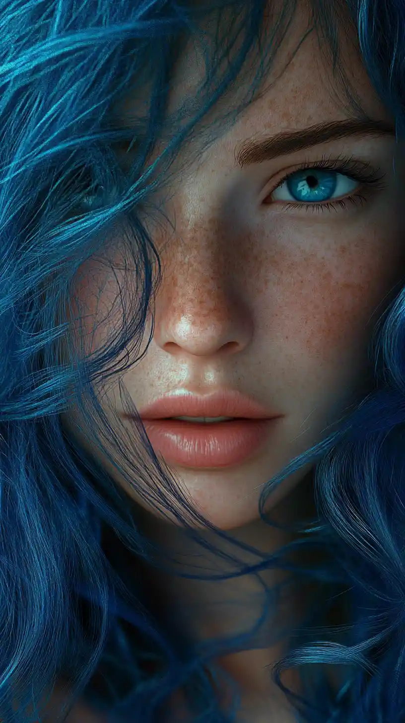 Smiling woman with wet blue hair and glistening face