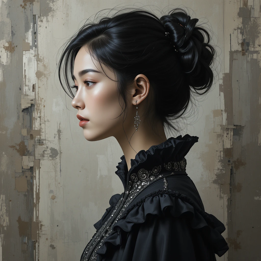 Wistful profile portrait of a young woman in dark attire