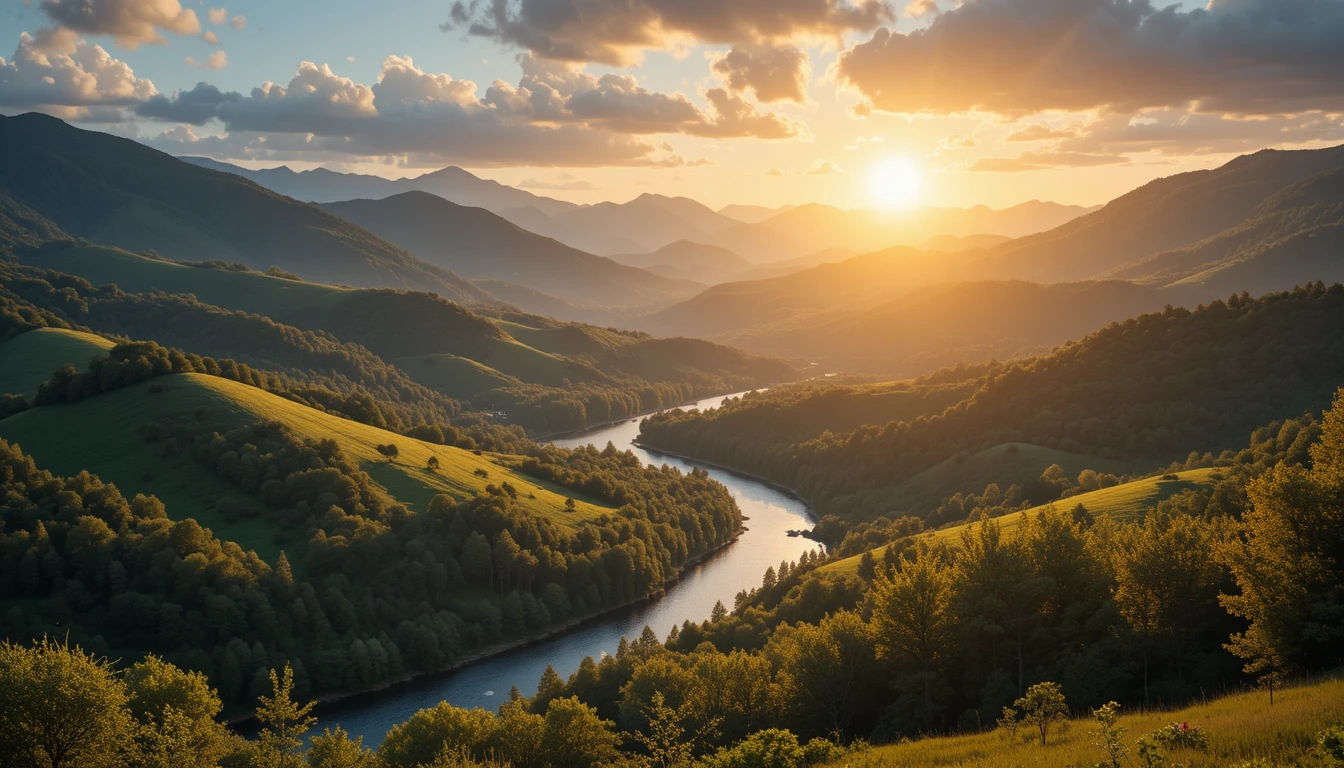 Goldener Sonnenaufgang über sanften Hügeln und gewundener Flusslandschaft