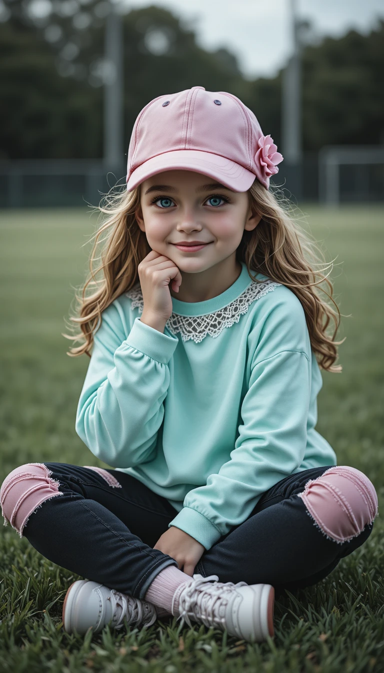 Cheerful young girl sitting by a sports field