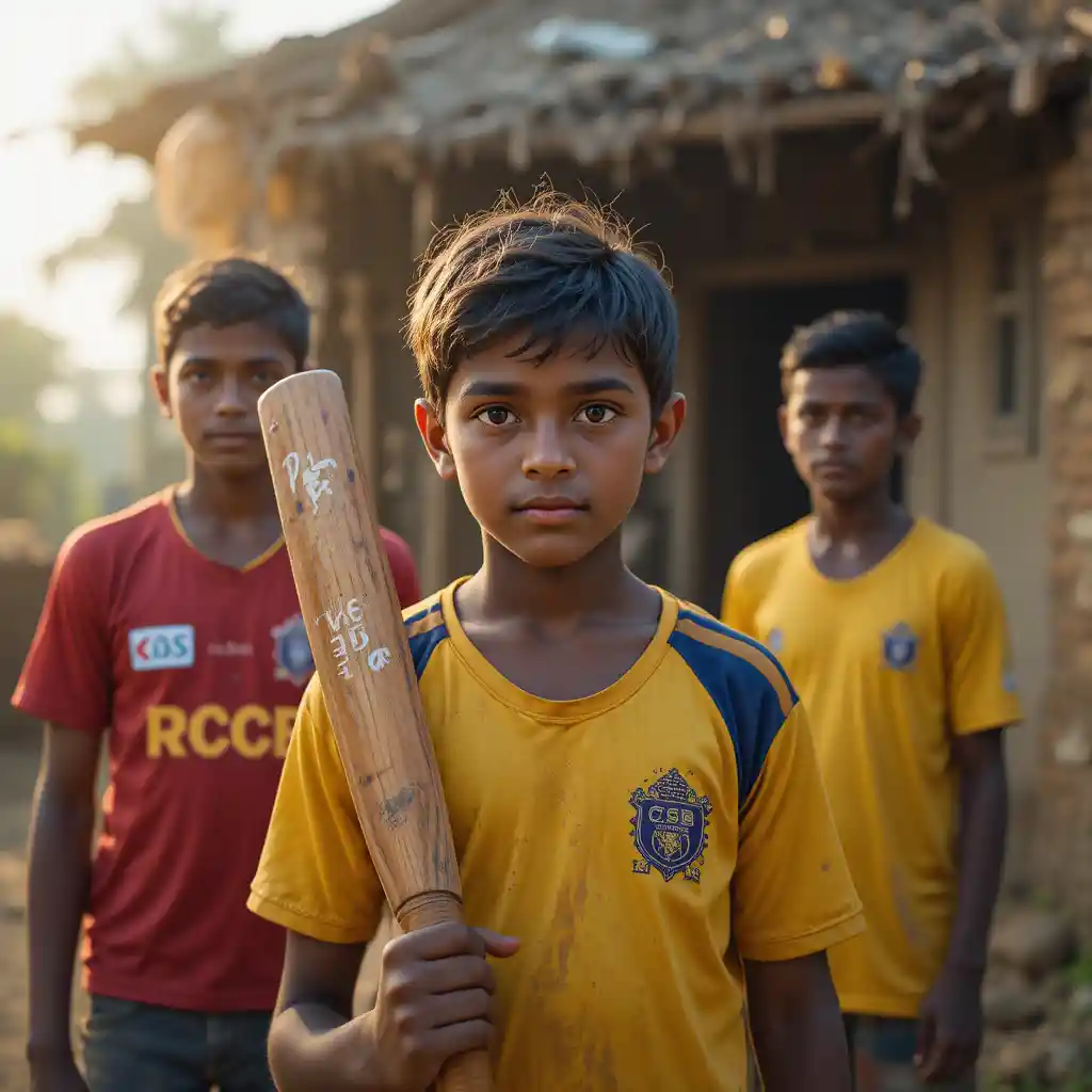Ragazzo di villaggio determinato che tiene una mazza da cricket all’alba