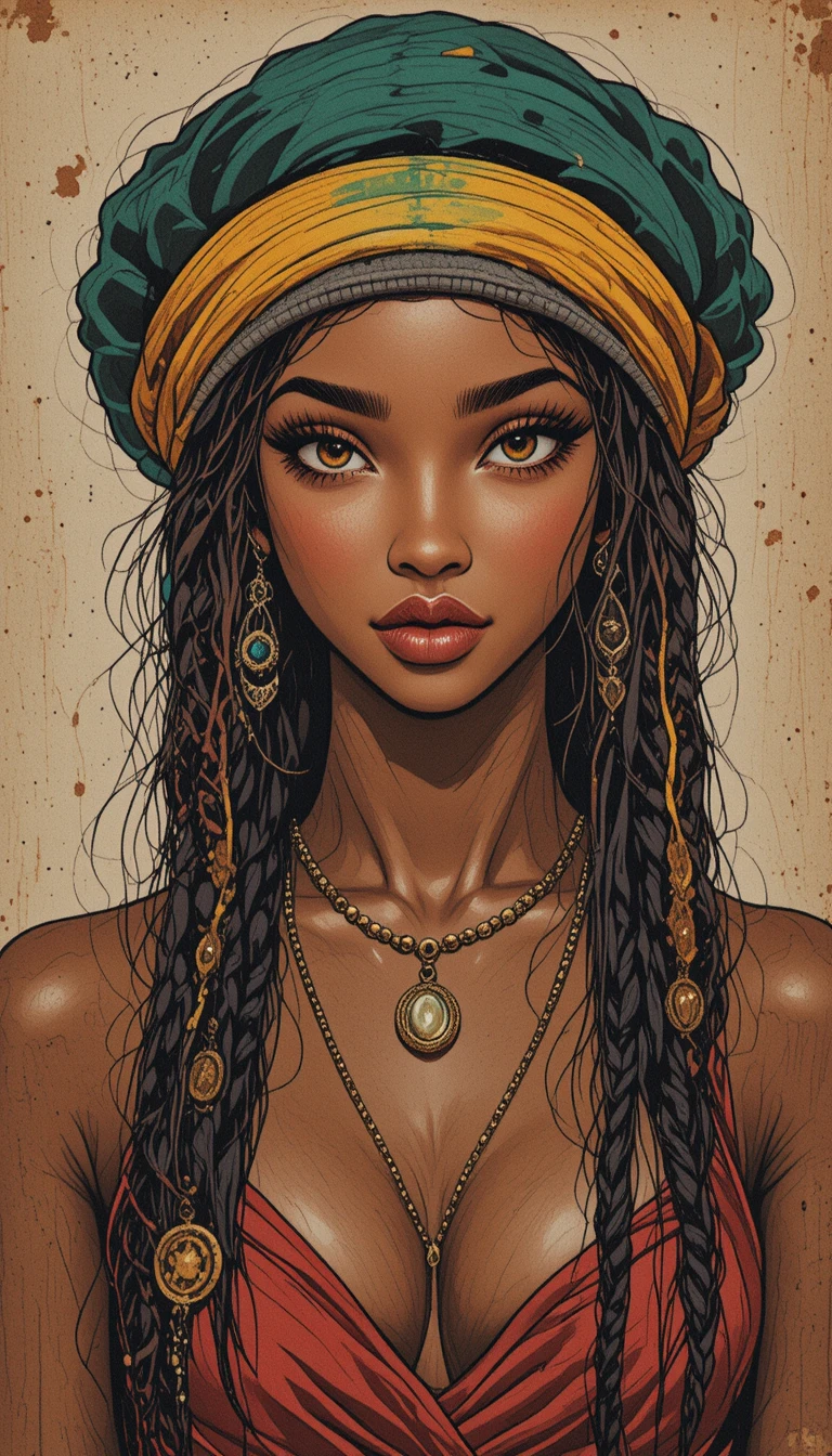 Serene portrait of a black woman in a rasta knit beanie