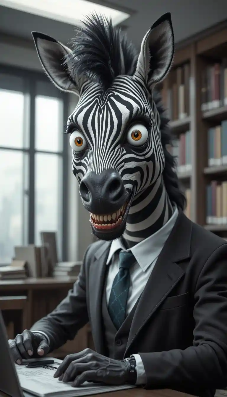 Bibliotecária zebra maluca com olhos esbugalhados em uma biblioteca movimentada