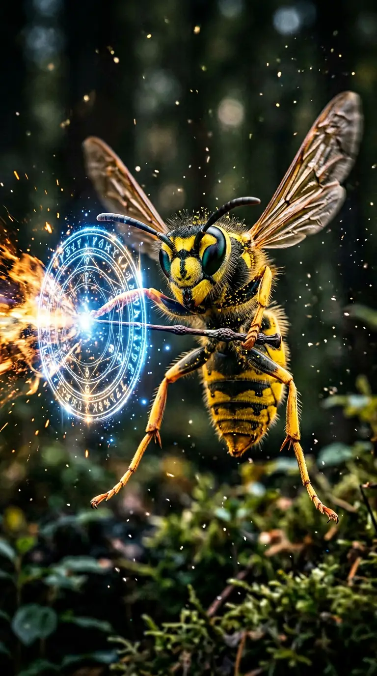 Defiant macro wasp casting a glowing magic shield