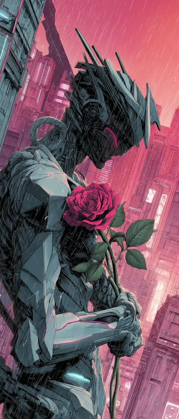 Androgynous chrome guardian holding a fragile wilting rose