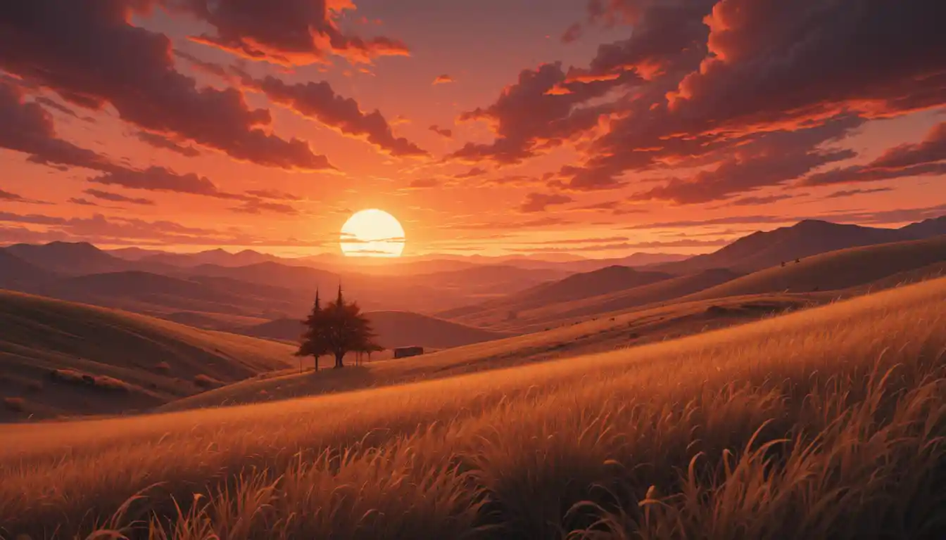 Golden valley under a fiery orange fantasy sunset sky