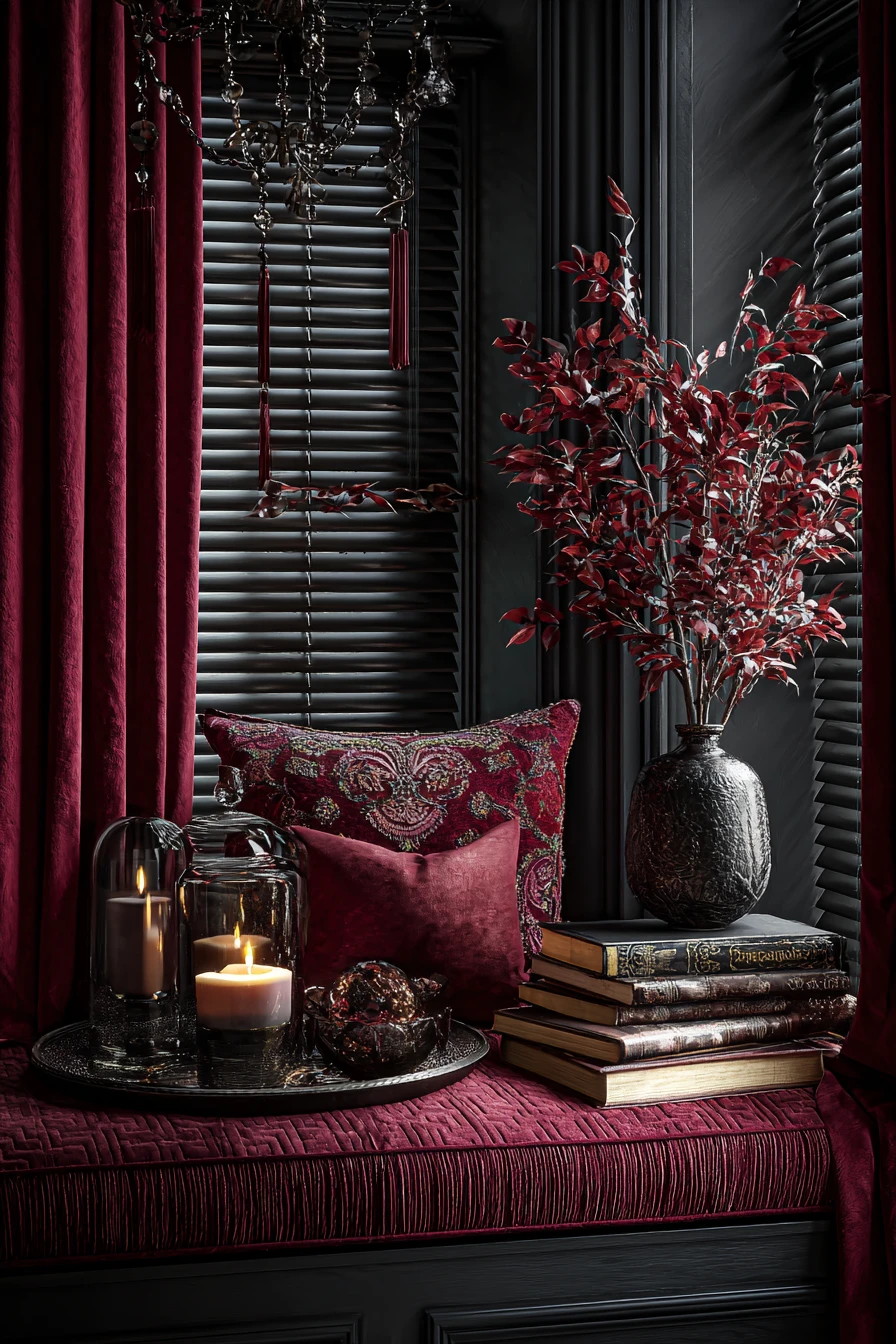 Moody window seat still life with candle and decorative objects