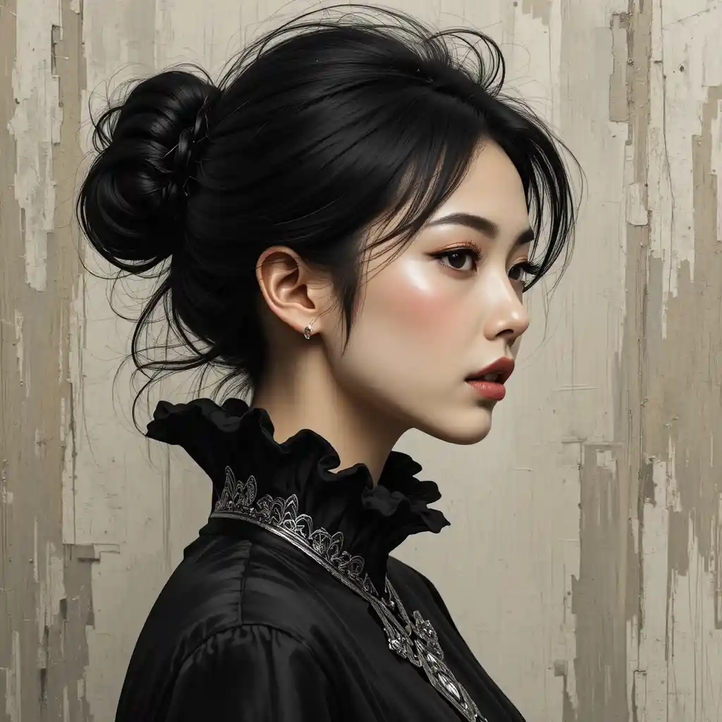 Profile portrait of a young woman with messy bun