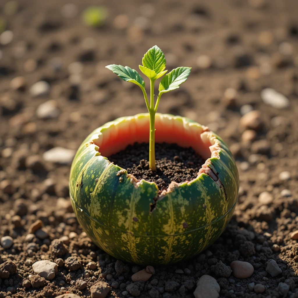 Weak green sprout growing from broken watermelon shell