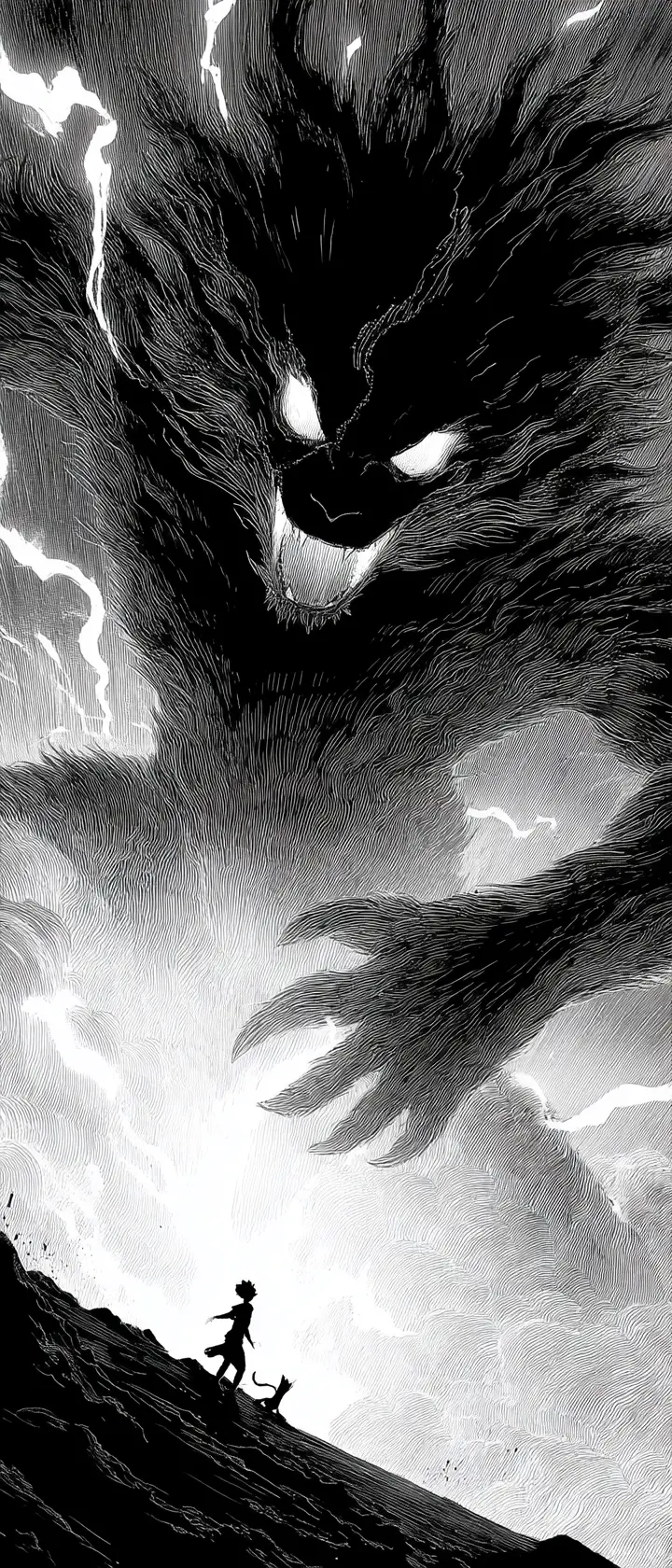 Giant beast carrying a weary traveler through a storm
