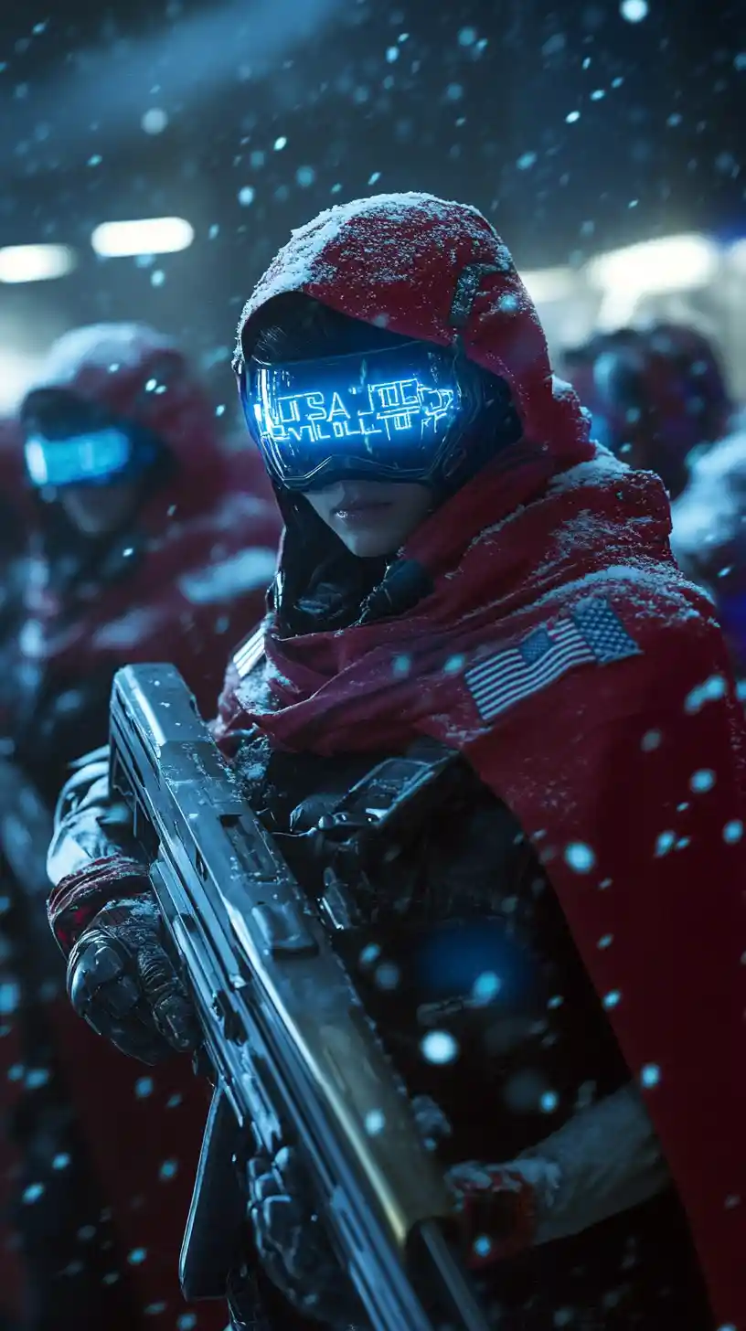 Futuristic space warrior woman leading soldiers on a ship