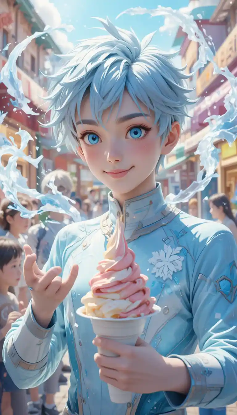 Anime ice boy conjuring magical ice cream on street