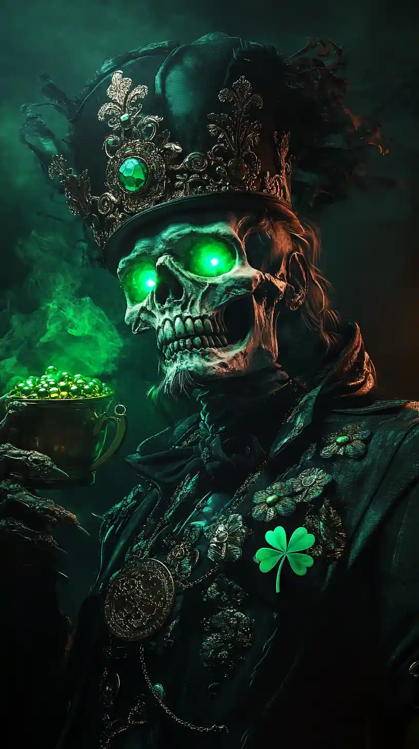 Rey esquelético oscuro con ojos de esmeralda y oro resplandeciente