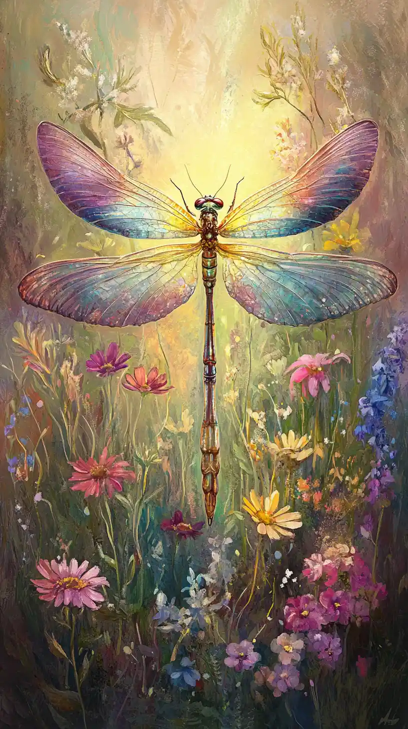 Ethereal dragonfly hybrid above wildflower meadow